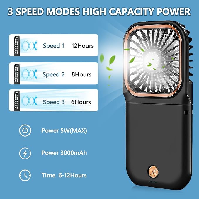 Portable Handheld Fan with Phone Holder, 3000mAh Power Supply USB Rechargeable Neck Fan, Foldable Small Fan 0-180° Adjustable, Ultra Quiet Personal Cooling Fan for Travel Office Home