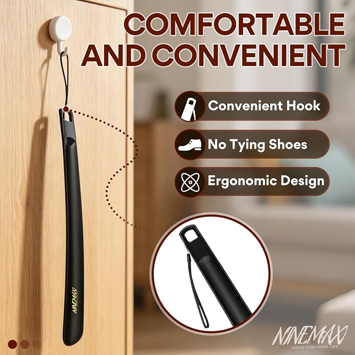 NINEMAX Plastic Shoe Horn Long Handle 16.5Inch, Long Shoehorn Sturdy for Senior Men Women with Hook