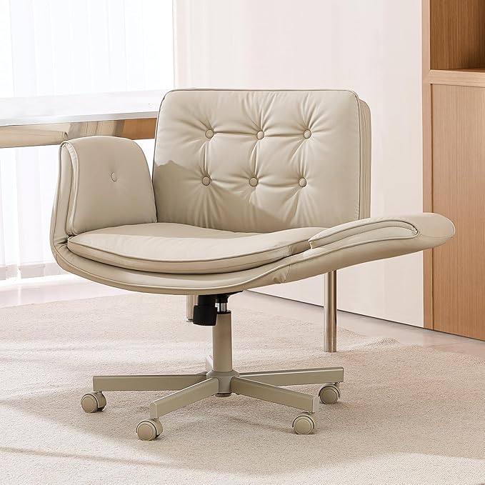 Criss Cross Chair with Armrests & Wheels, PU Leather Vanity Chair, Comfortable Adjustable Swivel Computer Office Desk Chairs for Home, Make Up, Bed Room (Cream White)