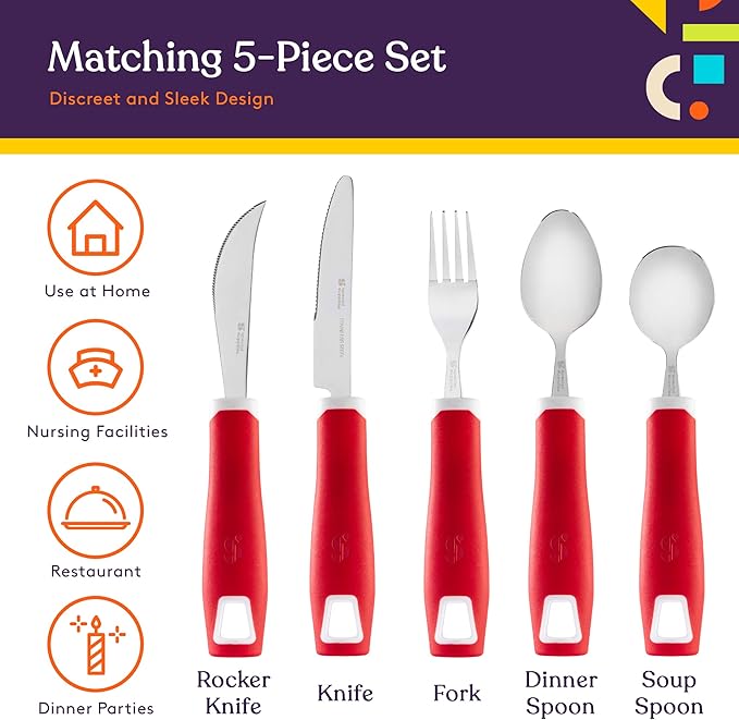 Special Supplies Adaptive Utensils 5-Piece Set Non-Weighted, Non-Slip Handles for Hand Tremors, Arthritis, Parkinson’s or Elderly Use - Stainless Steel Knife, Rocker Knife, Fork, Spoons - Red