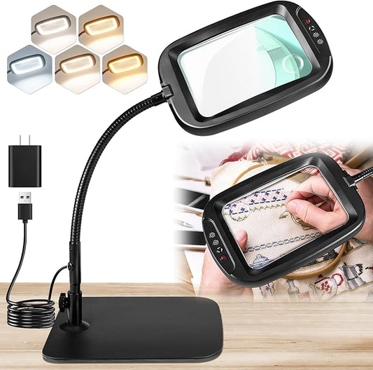10X 30X 7'' Extra Large Magnifying Glass with Light and Stand, 5 Color LED | 5 Modes Dimmable LED Magnifying Lamp with Flexible Gooseneck, Hands Free Magnifier for Reading Close Work Seniors Low Vision