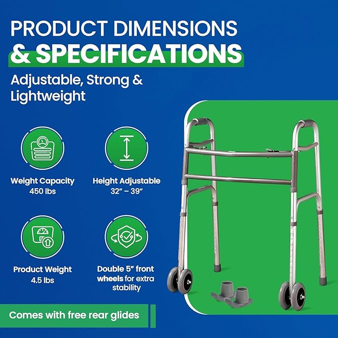 Bariatric Heavy-Duty Folding Walker with Wheels for Seniors, Adults, Extra Wide Front Wheel Walker (2 5-Inch Wheels), and Free 2 Pairs of Rear Glides Heavy Duty Sizes. Sized for Adults up to 450 lbs