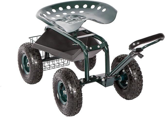 kinbor Rolling Garden Scooter Garden Cart with Tray, 360 Swivel Seat, Green