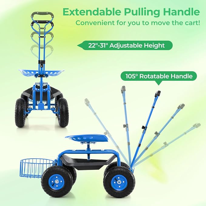 Garden Seat with Wheels, Rolling Stool with Extendable Handle, Storage Basket & Tool Tray, Garden Scooter with 360 Degree Swivel Seat for Outdoor & Yard (Blue)