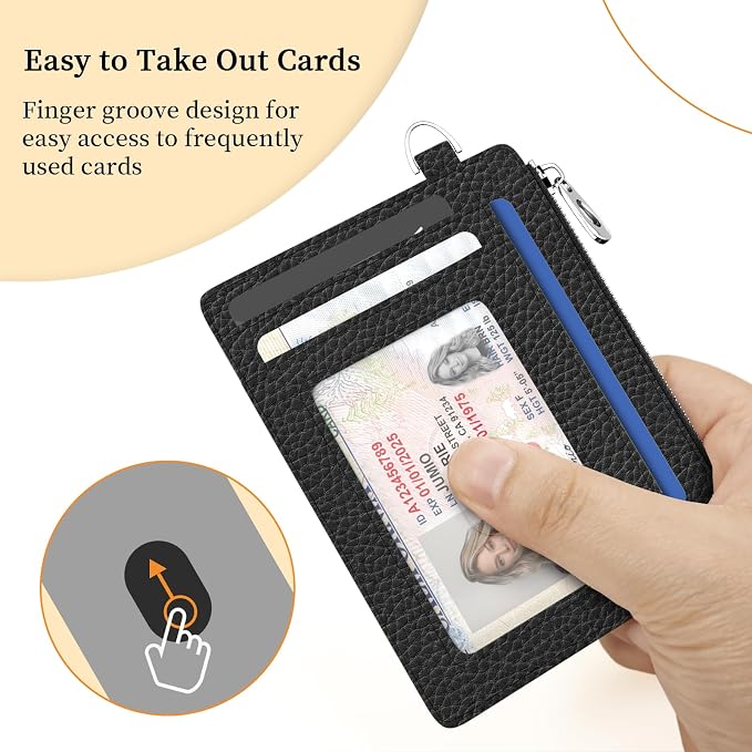 Hancynir Black Minimalist Slim Wallet Women Credit Card Holder RFID Small | Zipper Pocket Wallet, Thin Travel Coin Purse, Ladies Women Men Gifts, Cute Card Case, 6 Card Slots, ID Window, PU Leather