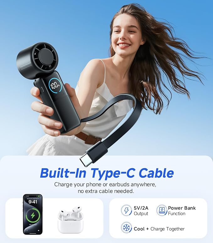 Turbo Handheld Portable Fan, 15000mAh Rechargeable Personal Fan | 100-speed Turbo Airflow up to 15m/s, up to 40H Runtime, Built-in Type-C 5V/2A Output, Display and Foldable Carry for Gift
