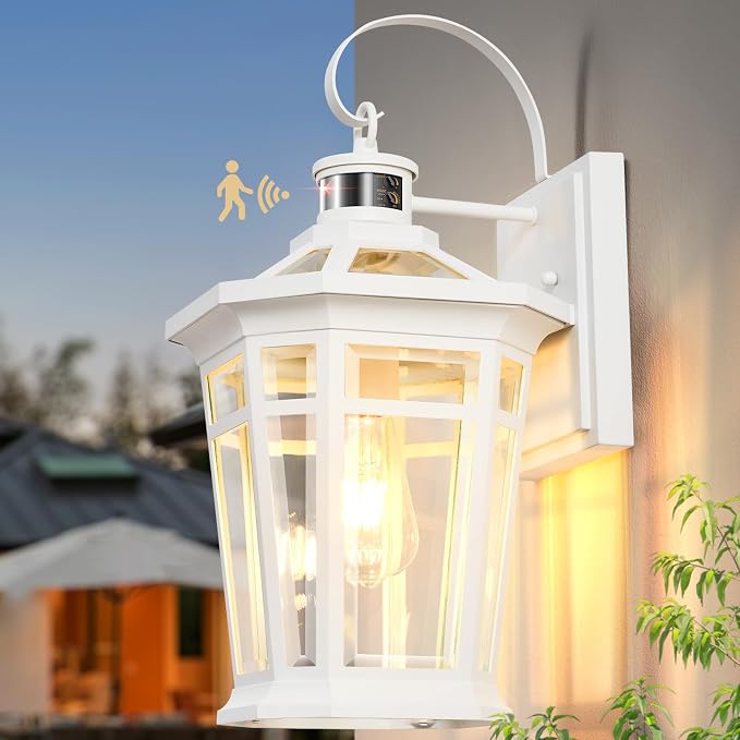 VIANIS Motion Sensor Outdoor Light fixtures Wall Mount, Large Aluminum Dusk to Dawn Outdoor Wall Lantern, White Waterproof Porch Lighting, Modern Exterior Lighting Fixtures for Patio, House