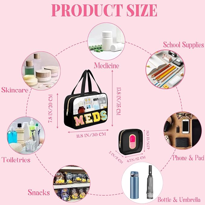 2 Pcs Chenille Letter MEDS Bag Clear Small Medical Medicine bag for Traveling Preppy Emergency Patch Bag with Handle and Zipper Waterproof Nylon Portable Makeup Bag for Women
