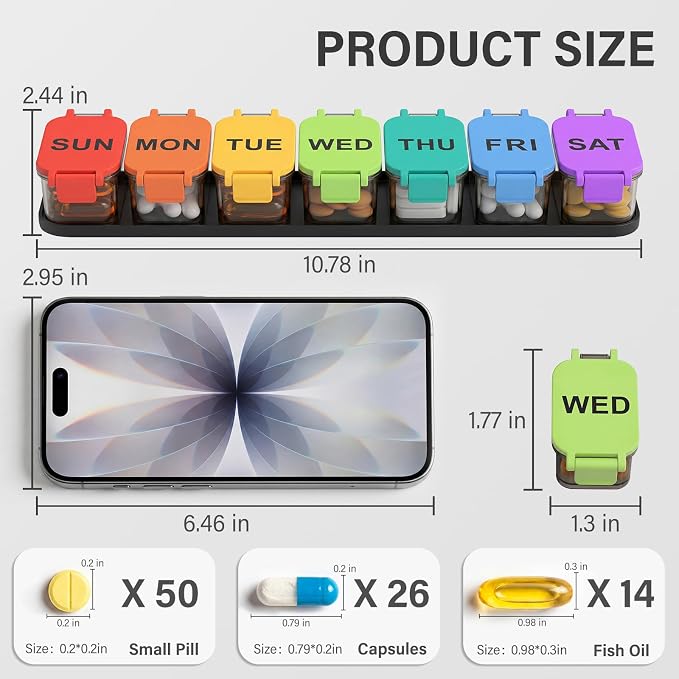 Yaklim Extra Large Weekly Pill Organizer - Waterproof 7-Day Pill Box, Portable Vitamin & Supplement Case, Easy to Open Design, Ideal for Travel and Daily Medication Management (Rainbow, 2 Packs)