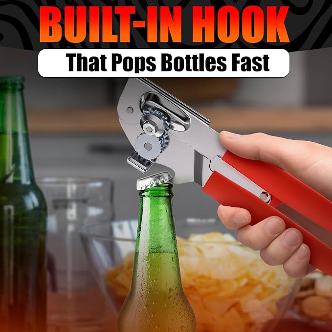 Commercial Can Opener for Large and Small Cans - Manual Stainless Steel Can Opener with Ergonomic Long Handles - 360° Smooth Crank, Non Slip Grip, 2 in 1 Bottle Opener for Home, Cafes and Restaurants