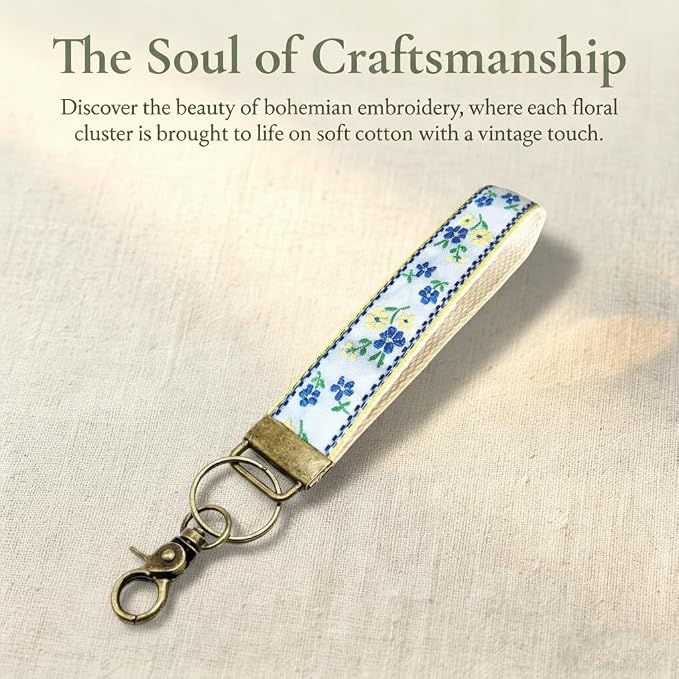 Boho Vintage Embroidered Floral plant Wristlet Keychain for Women | Cute Lanyard&Antique Brass Clasp, Lightweight Hands-Free Key Holder for keys,purses,handbags and daily outdoor use for ladies