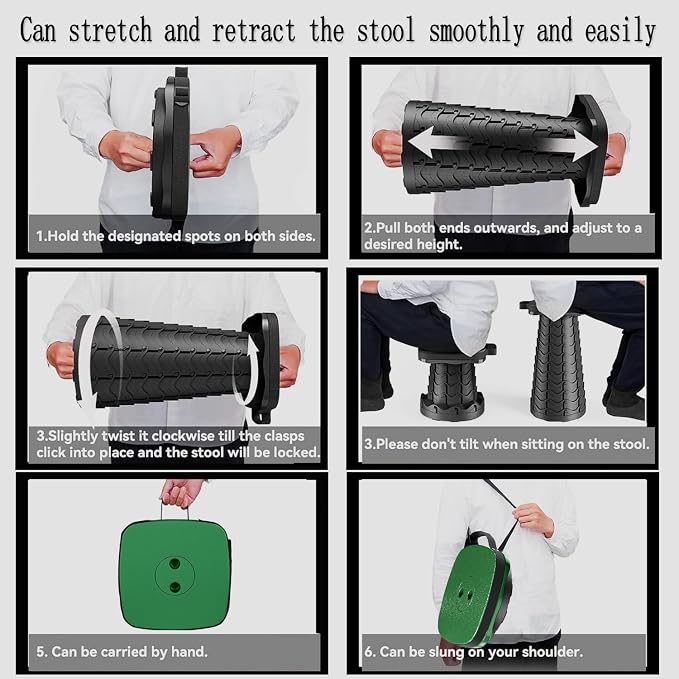 Upgraded Collapsible Stool Portable for Adults Heavy Duty, 620lbs Max Weight, Square Foldable Stool Thickened Telescoping Folding Seat for Camping Hiking, Outdoor, Travel(Square) (Green)