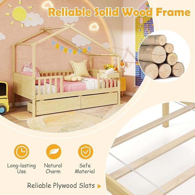 Giantex Twin House Bed with Drawers, Wooden Twin Bed Frame with Cube Storage & Fence Rails, Montessori Beds for Kids Boys, Girls, Bedroom, Living Room, No Box Spring Needed, Natural