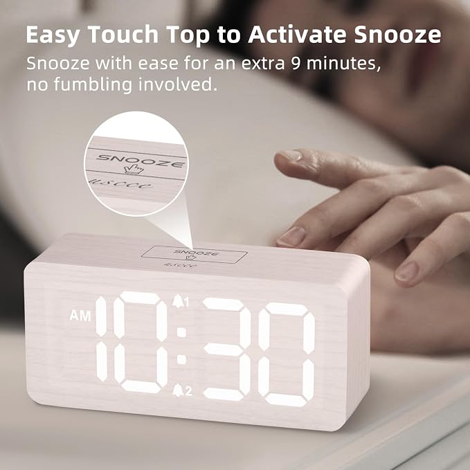 uscce Wooden Digital Alarm Clocks for Bedrooms with 0-100% Dimmable Display | Desk Clock with Large Numbers for Living Room - Loud Dual Alarm for Heavy Sleepers with Volume Control - Wood Decor & Gifts