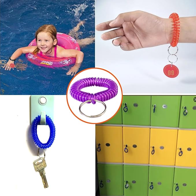 10 Pieces Wrist Coil Keychain Spiral Key Ring, Clear Purple | Wristband Bracelet Key Holder for Pool Gym ID Badge