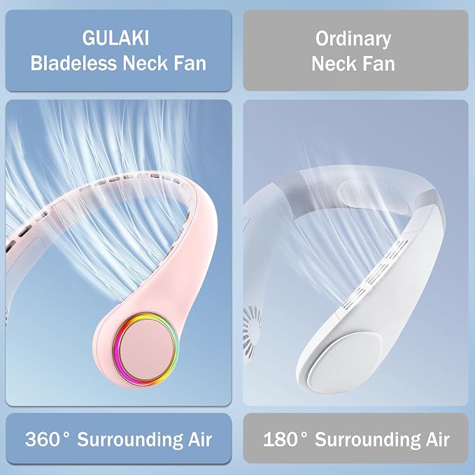 GULAKI Portable Neck Fan, Personal Fan with 4000mAh Battery, Rechargeable Neck Fan with 3 Speeds and 64 Cool Lights, Birthday Gifts for Men Women Mom Dad, Hands Free Cooling fan for Summer(Pink)
