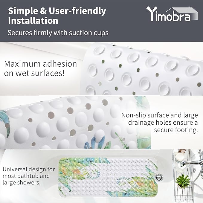 Yimobra Non Slip Bathtub Mat 40 x 16 Inch, Extra Long Shower Mat with Drain Holes, Machine Washable Baby Bath Mats, Strong Suction Cups for Bathroom Floor, Banana