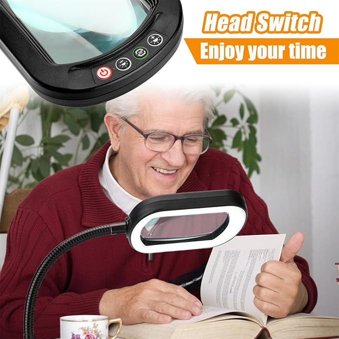 Veemagni 12X Rectangle Magnifying Glass with Light and Stand, Flexible Gooseneck LED Lighted Desk Lamp, 5 Color Modes Stepless Dimmable, Hands Free Magnifier for Reading Crafts Painting Close Work