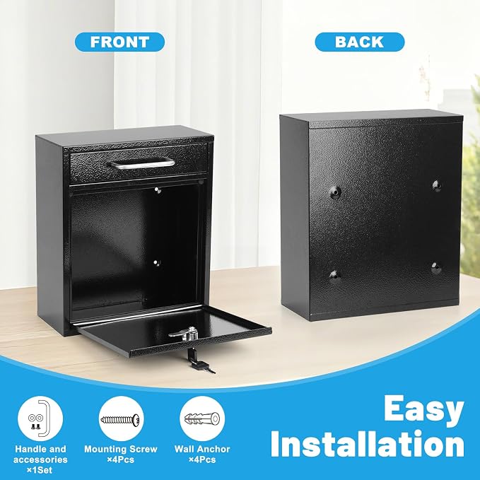 KYODOLED Steel Key Lock Mail Boxes for Outside, Locking Wall Mount Mailbox, Security Key Drop Box for Home, Office or Commercial, 12H x 10.5L x 4.6W Inches, Black Large