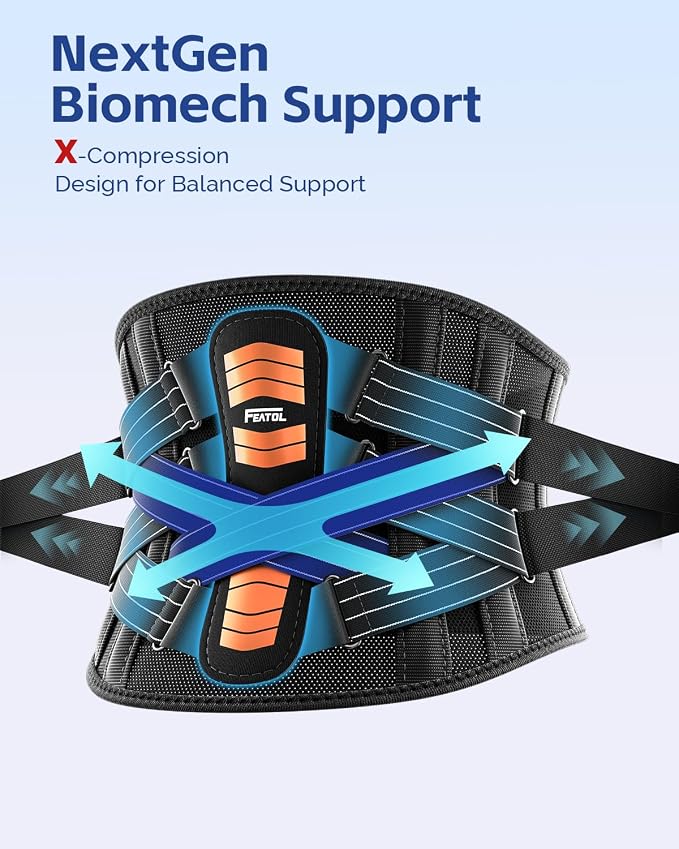 FEATOL Back Brace for Men Lower Back and Women, Removable Dual-Side Spine Lumbar Pad with Snug Fit, Adjustable Support Belt for Work, Orange, Size XXL 45-50"