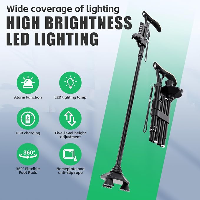Hold 440 lbs Walking Cane for Seniors Aluminum Alloy Lightweight Height Adjustable Walking Stick Heavy Duty Foldbale Free Standing Cane with LED for Men and Women Adults