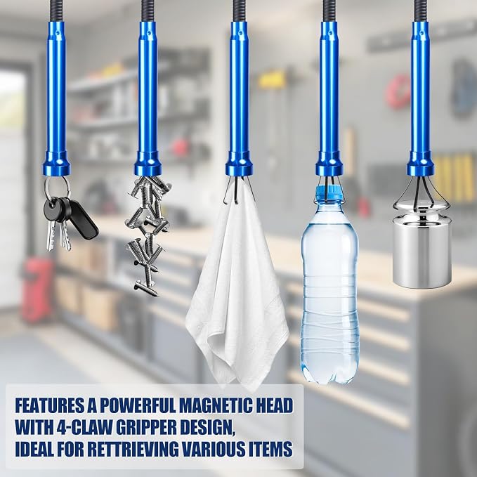 Flexible Grabber Tool, Magnetic 4-Claw Gripper (24", Blue) | Mechanic Pickup Tool with Spring-Loaded Handle; for Automotive, Engine Bay, Bathroom, Kitchen, Sewers, Drain, Small Spaces