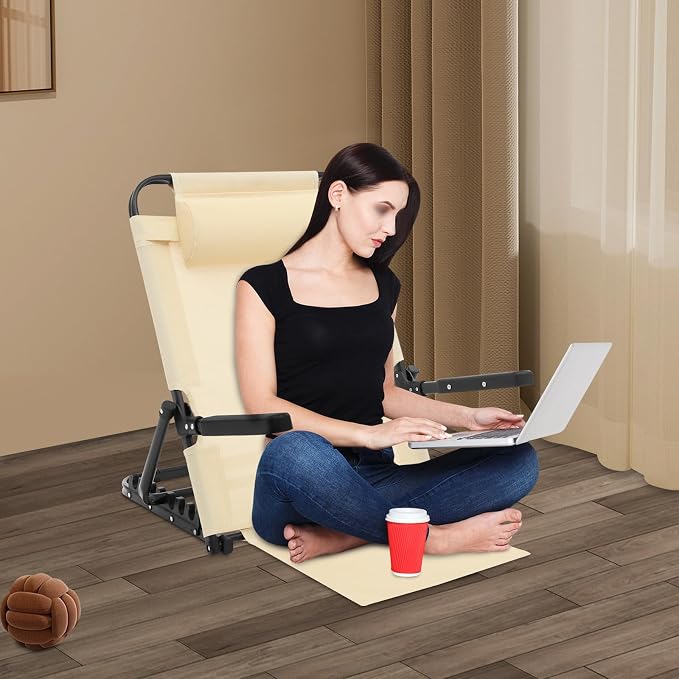 Adjustable Lifting Bed Backrest with Armrests 8-Position Adjustable, 330LBS Load Bed Back Support Chair for Reading Sleeping Watching TV, Portable Folding Floor for Elderly or Patients (Khaki)
