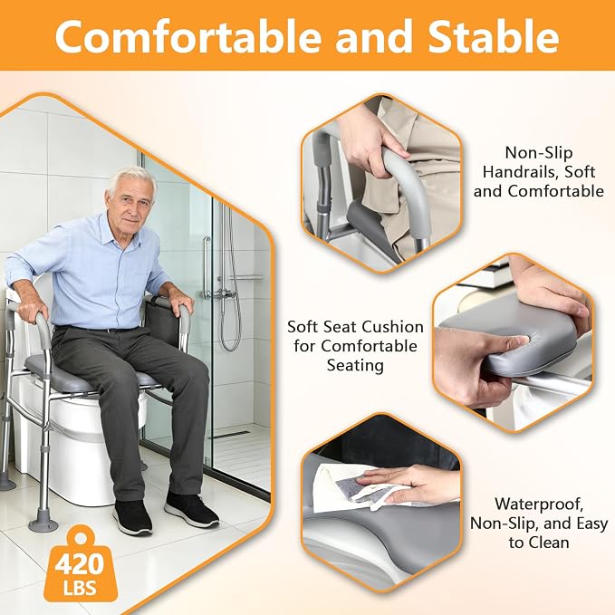 Toilet Seat Raised with Handles for Seniors, 440 Lbs Heavy Duty | Adjustable Raised Toilet Seat for Seniors, Elevated Toilet Riser with Handles, Commode Toilet for Elderly, Fit Any Toilet