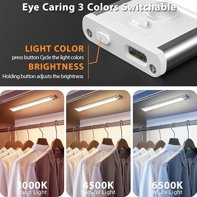DAYBETTER 8inch Under Cabinet Lighting,4 Pack Motion Sensor Light Indoor | Rechargeable,3 Color Temps,5 Levels Dimmable Night Light,Magnetic Closet Lights,Wireless Under Counter Lights for Kitchen