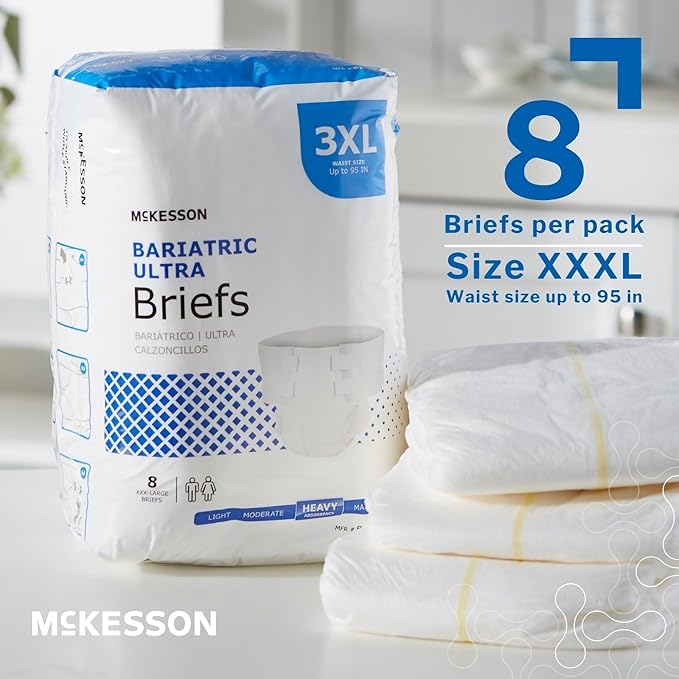 McKesson Ultra Briefs, [8 Count], 3XL, Up to 95 in. Incontinence Adult Diapers with Tabs, Heavy Absorbency, Unisex, Disposable, Elastic Leg Gathers and Contoured Fit for Men and Women