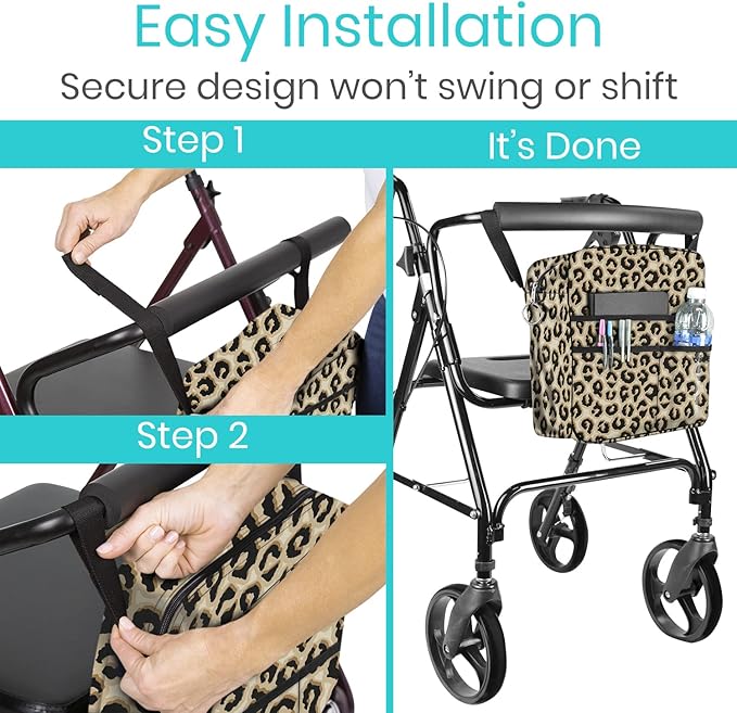 Vive Wheelchair Bag - Machine Washable, Double-Stitched, Water-Resistant Accessory Backpack for Rollators, Wheel Chairs, Walkers - Pouch with XL Pockets & Straps for Quick Installation