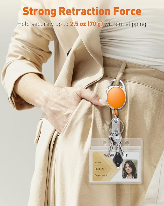 Uniclife 2 Pack Retractable Keychain, Retractable Badge Reel, Heavy Duty Badge Holder Clip for Keys and ID Card, Key Chain Extender with Carabiner Belt Clip and Key Ring, Orange
