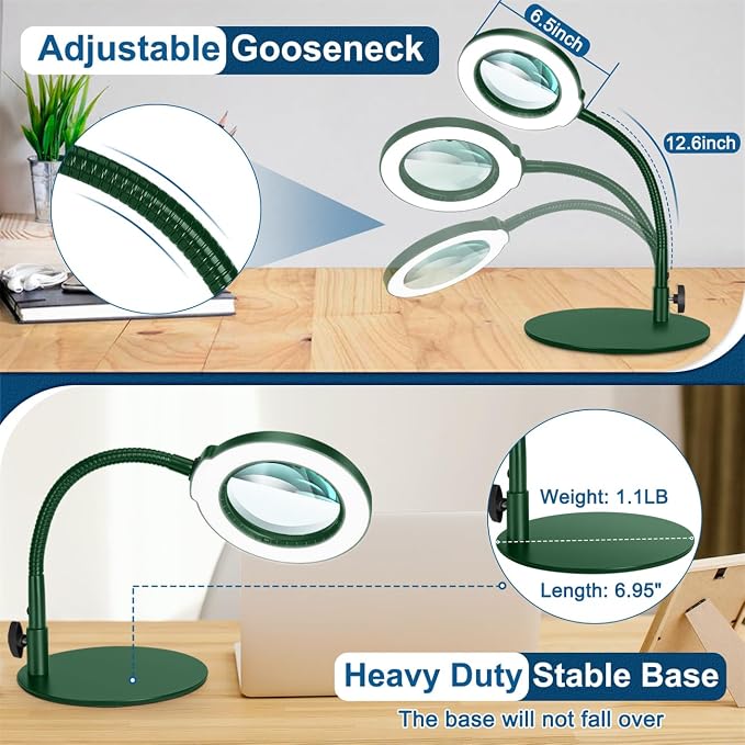 IVMAIE 12X Magnifying Glass with Light, Real Glass Lens, 5 Color Modes Dimmable, Flexible Gooseneck Lighted Magnifier with Stand, LED Desk Lamp Hands Free for Crafts Painting Reading Close Work, Green