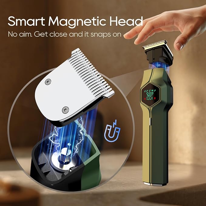 Beard Trimmer for Men, Magnetic Snap-on Replacement Heads & Charging Dock, IPX7 Waterproof Cordless Hair Clippers, Mens Grooming Kits for Mustache/Body/Face/Ear/Nose, Olive Green