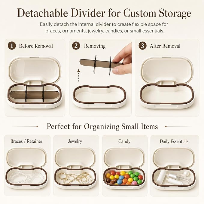 HyJeryty 6-Compartment Pill Organizer - Small Compact Travel Pill Case for Vitamins, Medication and Supplements - Portable White Medicine Pill Box with Stylish Design