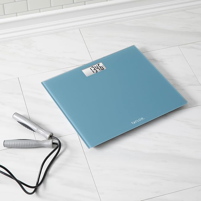 Taylor Digital Bathroom Scale for Body Weight, Extra-Wide 13x15 Slate Blue Glass Platform, Step-On Technology, Easy-Read Backlit Display, High Capacity, 5-Year Warranty