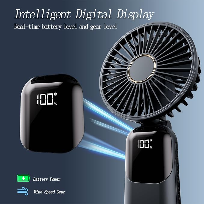 GOCKERA Portable Fan, 4200mAh Battery Operated Fan, 5 Speeds&Digital Display, Makeup Fans for Women with Base, 180°Foldable 3in1 Handheld/Neck/Desk Fan for Outdoor Indoor,Ultra Quiet (Black)