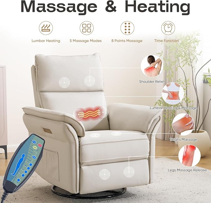 Power Nursery Recliner with Auto Rocking,Oversized Swivel Rocker Recliner with Massage and Heat,Glider Recliner Nursery Chair with Adjustable Headrest for Living Room and Bedroom,Faux Leather，Beige