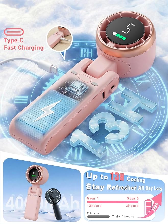 Portable Handheld Turbo Fan, 5 Gear Wind, Battery Operated, Up to 13 Working Hours Rechargeable Fan, 3 IN 1 Hand Fans with Air Turbo Tech Cooling Fan for for Travel, Beach, Outdoor - Pink