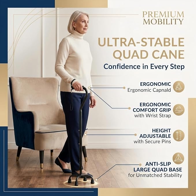 PARLORA Walking Cane 4 Prong for Stability - 3-in-1 Foldable Heavy Duty Cane with Interchangeable Quad & Single Bases, 8 Adjustable Heights, Offset Handle & Wrist Strap for Women, Men & Seniors