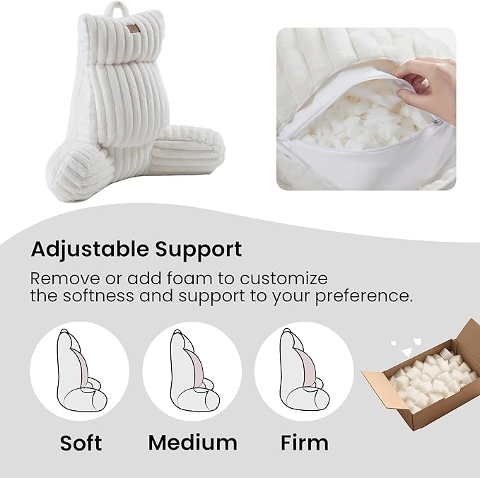 Amélie Home Faux Fur Reading Pillow with Pocket for Sitting in Bed, Adult Backrest Bed Pillow with Washable Cover for Lounging, Study & Relaxing, Ivory 25 inches