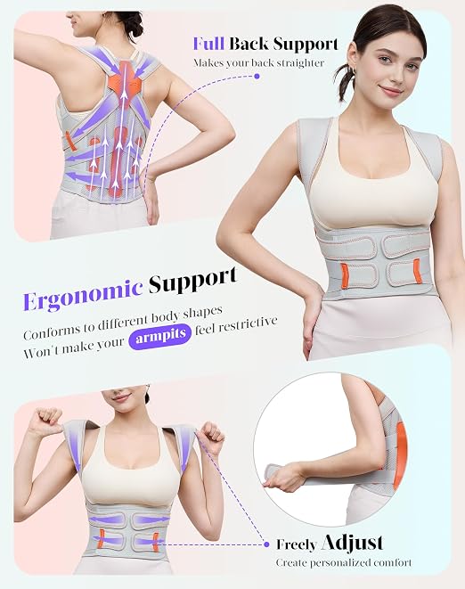 Kepwaa Posture Corrector for Women and Men, 5 Full Back Support Brace Rods, Adjustable Shoulder Straightener, Relief for Upper and Lower Back, Neck, Lumbar, Scoliosis, Hump, Gray, Medium