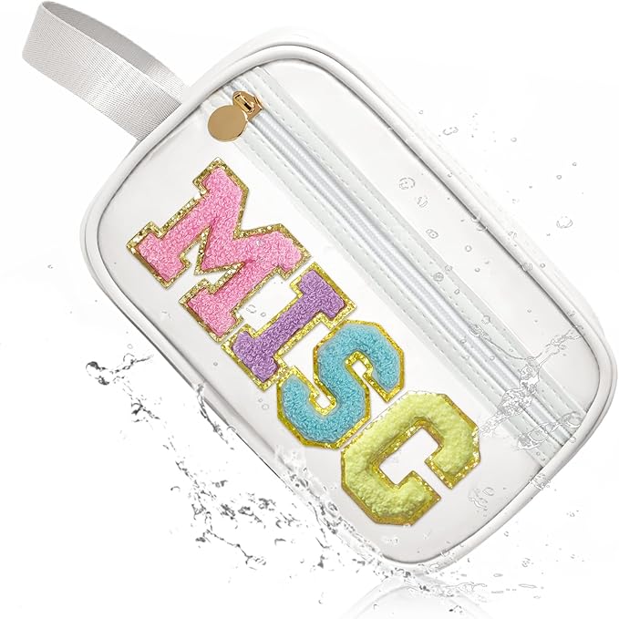 COSHAYSOO Clear MISC Makeup Bag Miscellaneous Stuff Organizer, Small Preppy Chenille Letter Patch Cosmetic Zipper Pouch, Toiletry Make Up Travel Purse Gifts for Teen Girls Women Daughter Sister