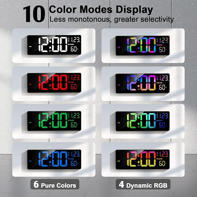 16" Bluetooth Large Digital Wall Clock/Auto Time Sync, 10 RGB Colors Digital Clock Large Display with Remote, Auto-Dimming/DST, Calendar, Timer, Alarm, 6 Night Lights Big Clock for Decor