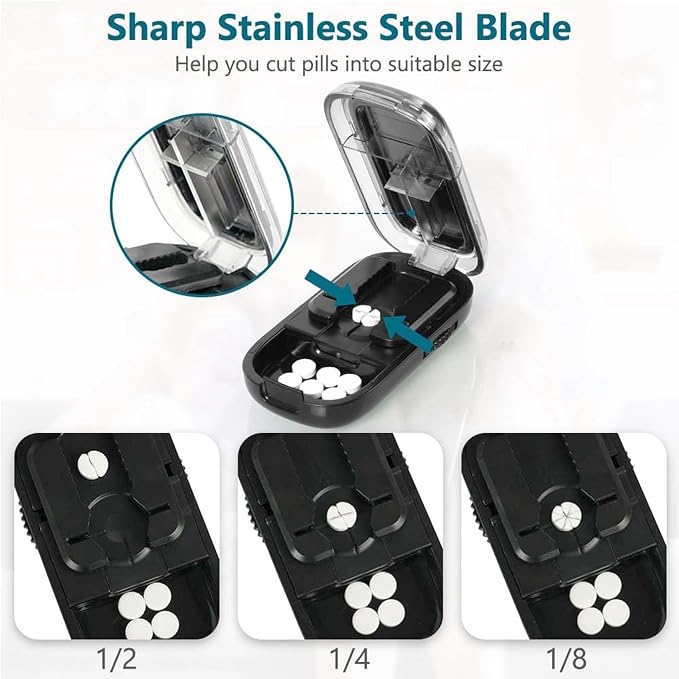 Pill Cutter Splitter for Small and Tiny Pills - 1/2 & 1/4 Adjustable Pill Splitter with Centering Device for Cutting Multiple Pills, Accurate Alignment and Easy to Use (Black)
