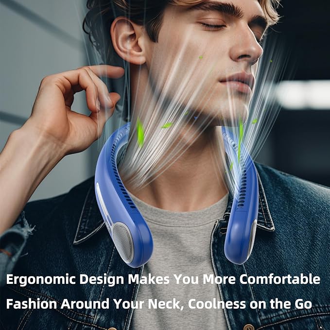 Portable Neck Fan, Personal Wearable Bladeless Fan, 6000mAh USB Rechargeable, 360° Airflow, LED Display, 4-Speeds, Hands Free Fan for Outdoor Indoor, Birthday Gifts for Men Women Dad Mom (Navy)
