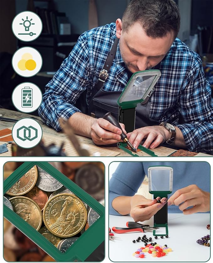 15X Magnifying Glass with Light and Stand, Rechargeable Folding Handheld Real Glass Magnifier, 3 Color Modes Dimmable Lighted Page Magnifying Sheet for Seniors Low Vision Small Prints - Green Black