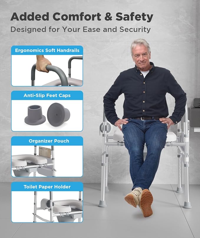 Bedside Commode for Seniors,FSA/HSA Eligible 3-in-1 Commode Toilet | Adjustable Height & Width, 16.5 Inch Soft Seat Plate, Tool-Free Assembly, Durable Aluminum Frame, Use as Raised Toilet