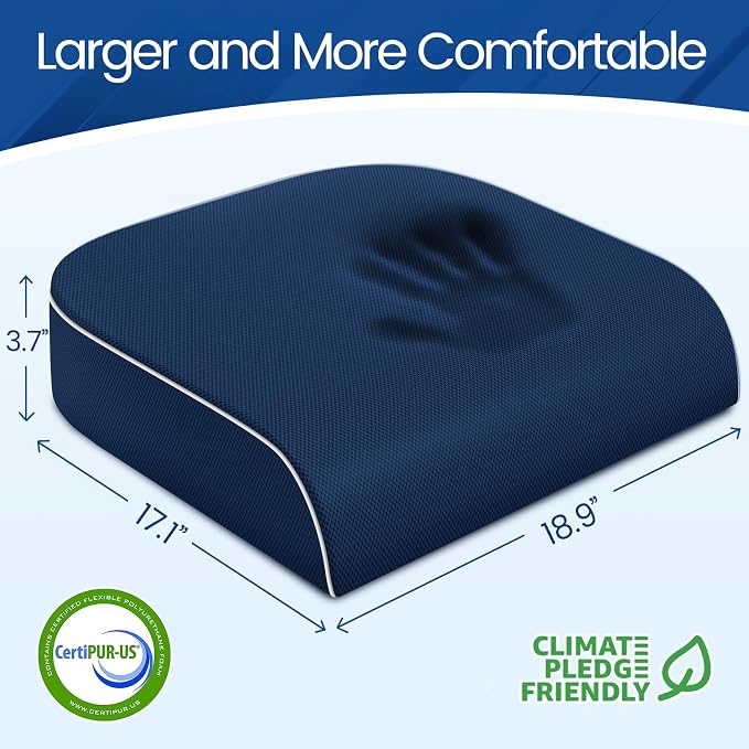 SweetSlubr Seat Cushion for Tailbone Pain Relief, Office Chair Cushion, Memory Foam Large Chair Pad with Non-Slip Cover for Soft Support at Office Chair, Car Seat, Airplane Drak Blue/2X-Large