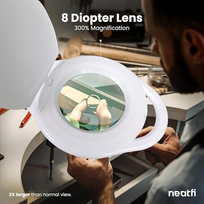 Neatfi Magnifying Lamp with Clamp, 5 Inch Lens, 3 Light Modes, 3000K-6500K, Dimmable, for Sewing, Painting, Jewelry Making, and Reading (White, 8 Diopter)